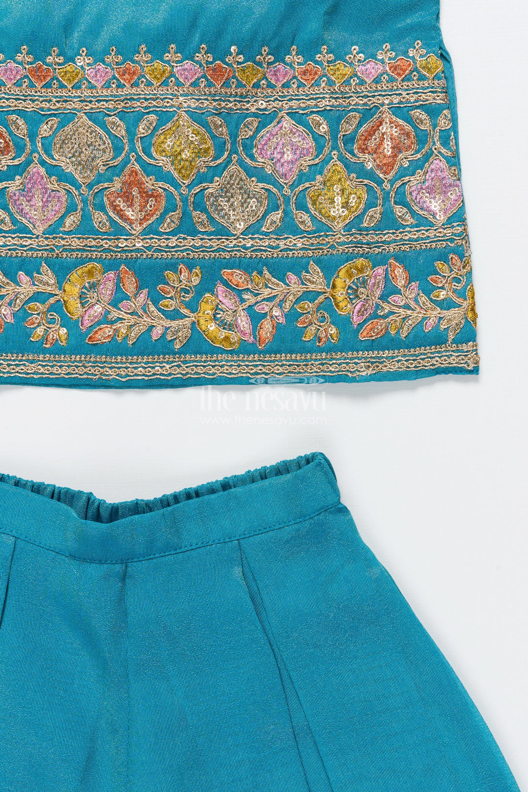 The Nesavu Girls Sharara / Plazo Set Girls Ethnic Sharara Set with Embroidered Top Lightweight Festive Wear In Tissue Silk Nesavu Nesavu girls sharara set thread embroidery festive sleeveless outfit tissue silk