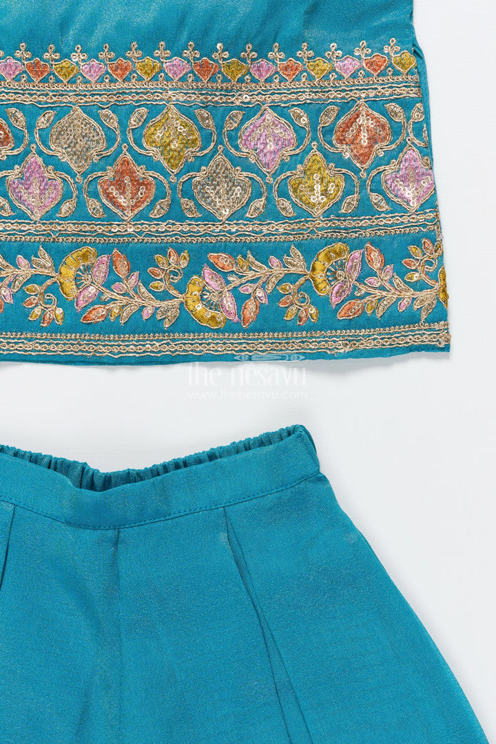 The Nesavu Girls Sharara / Plazo Set Girls Ethnic Sharara Set with Embroidered Top Lightweight Festive Wear In Tissue Silk Nesavu Nesavu girls sharara set thread embroidery festive sleeveless outfit tissue silk