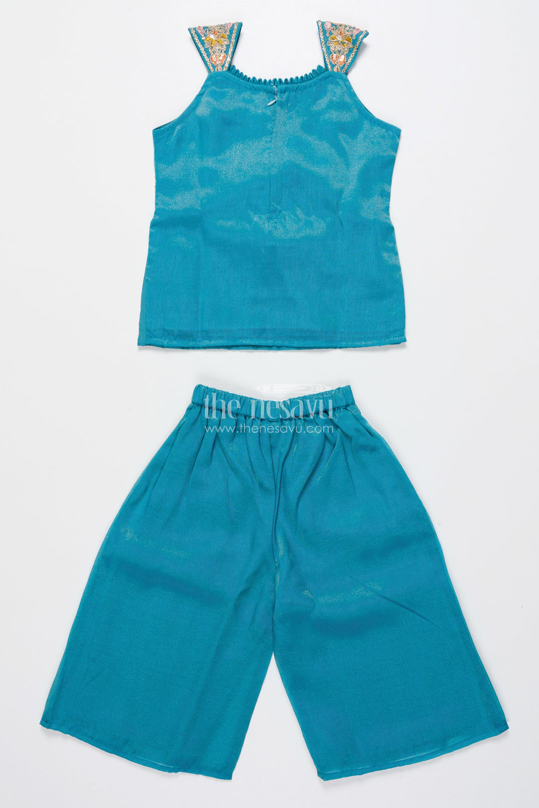 The Nesavu Girls Sharara / Plazo Set Girls Ethnic Sharara Set with Embroidered Top Lightweight Festive Wear In Tissue Silk Nesavu Nesavu girls sharara set thread embroidery festive sleeveless outfit tissue silk