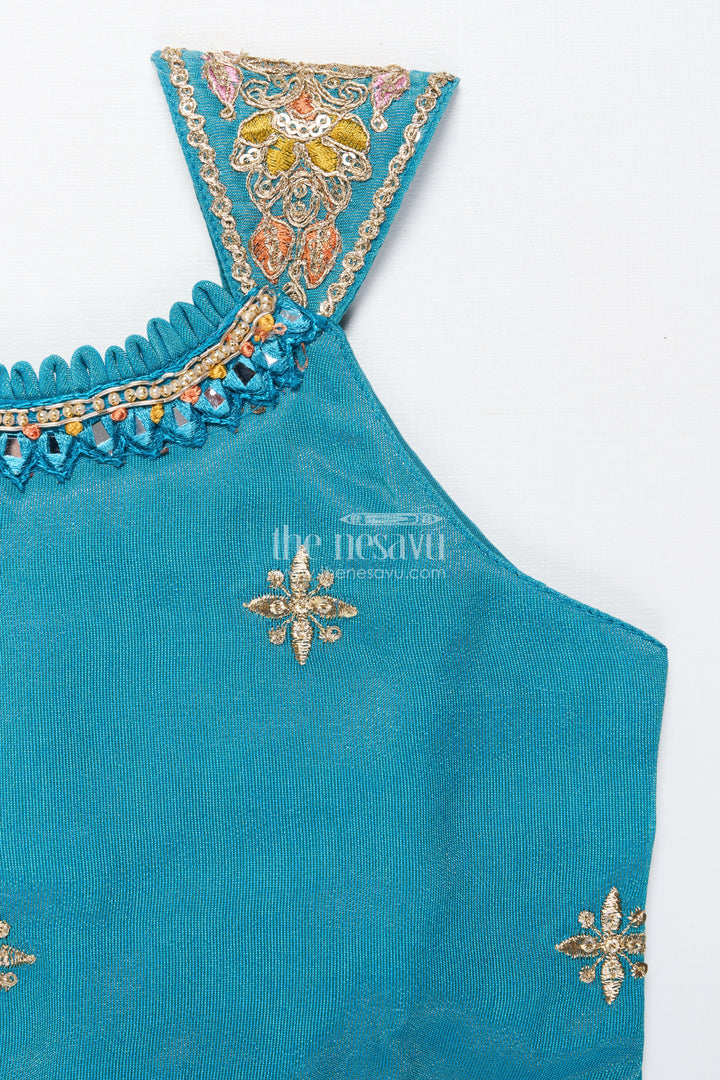 The Nesavu Girls Sharara / Plazo Set Girls Ethnic Sharara Set with Embroidered Top Lightweight Festive Wear In Tissue Silk Nesavu Nesavu girls sharara set thread embroidery festive sleeveless outfit tissue silk