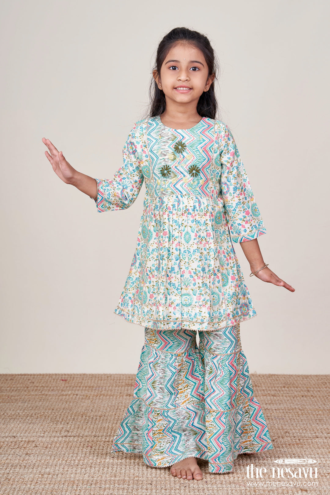 The Nesavu Girls Sharara / Plazo Set Girls Ethnic Sharara Set with Multicolor Print for Celebrations Nesavu 24 (5Y) / Multicolor GPS828A-24 Nesavu girls festive sharara set with multicolor digital print and embroidered kurti