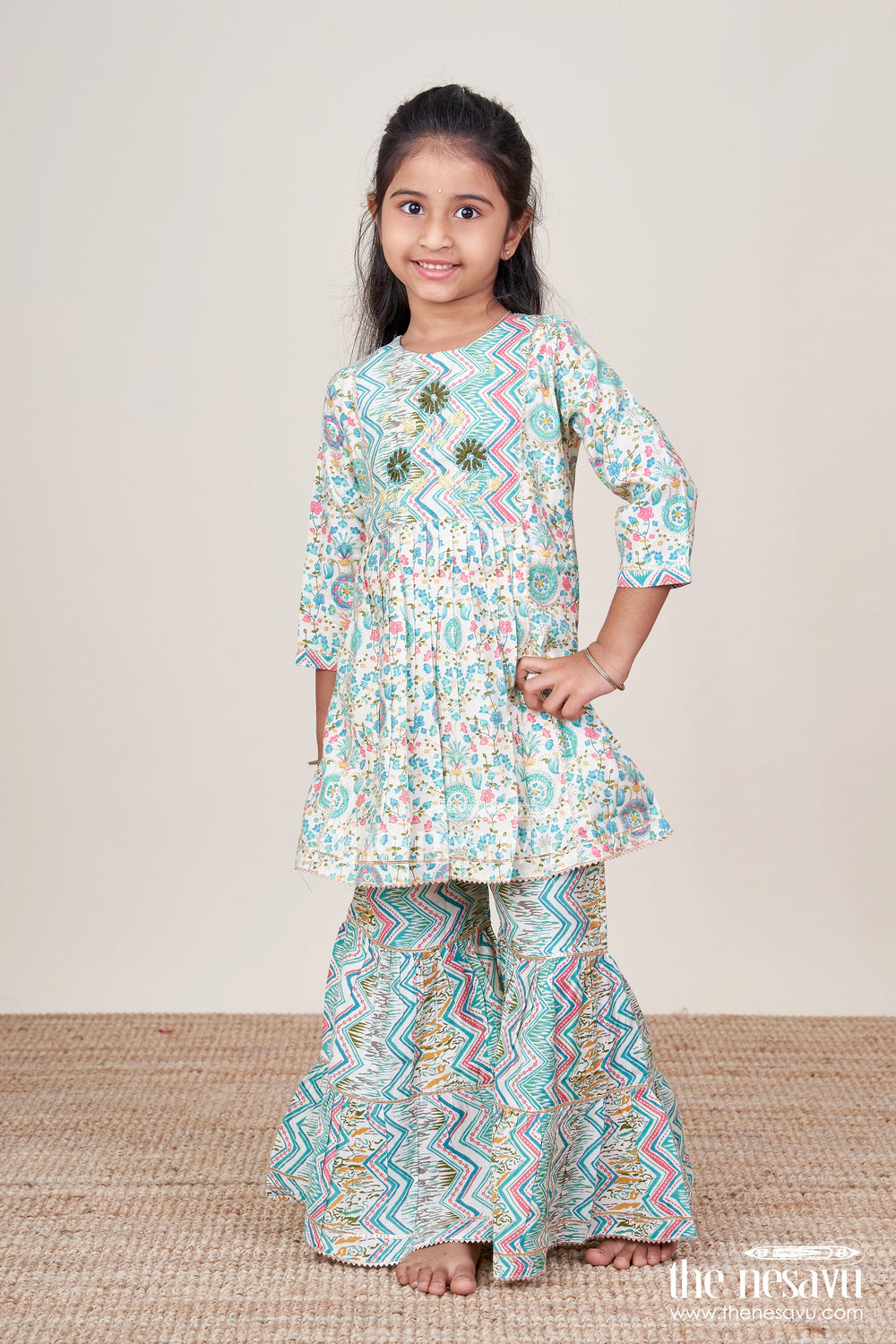 The Nesavu Girls Sharara / Plazo Set Girls Ethnic Sharara Set with Multicolor Print for Celebrations Nesavu Nesavu girls festive sharara set with multicolor digital print and embroidered kurti