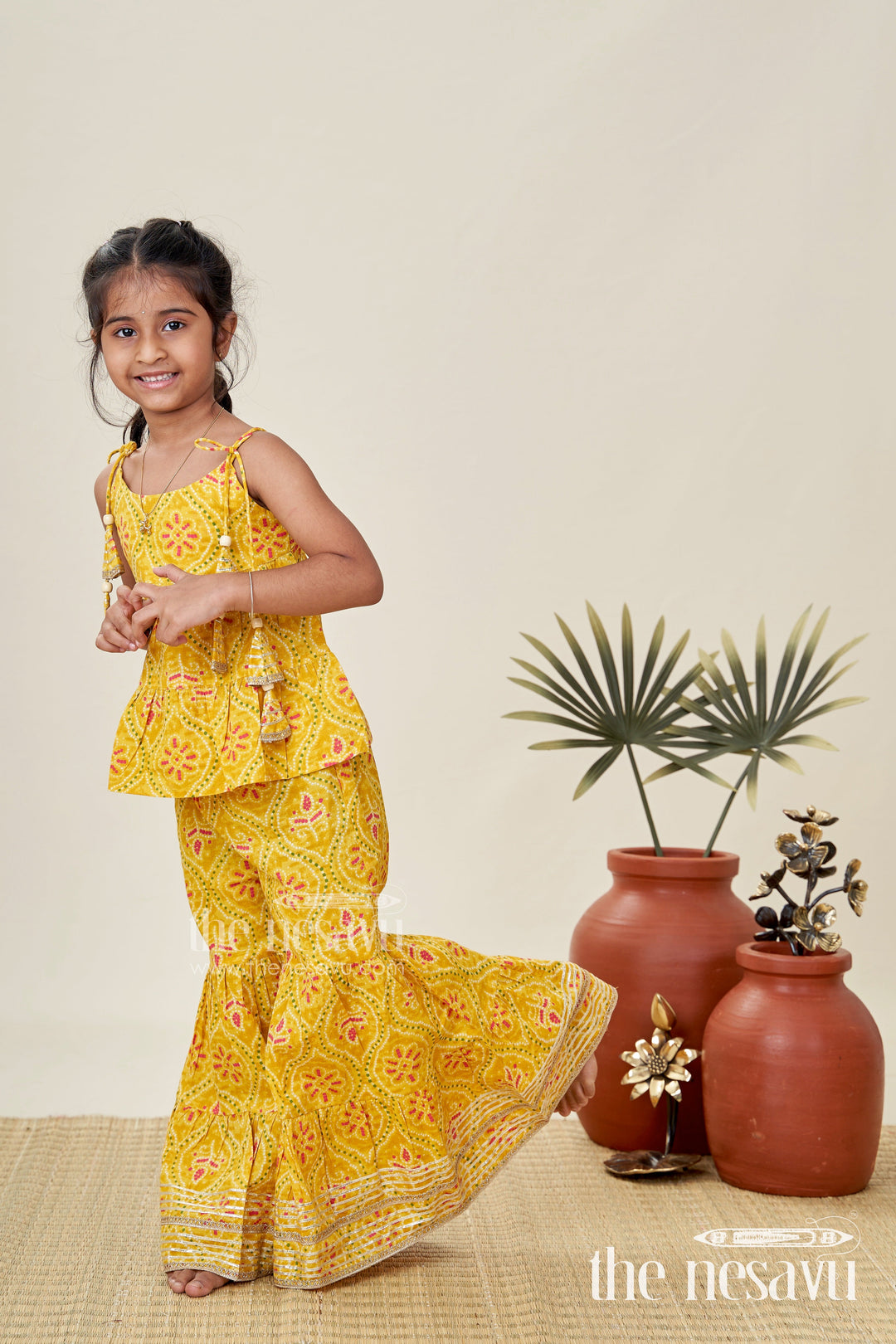 The Nesavu Girls Casual Set Girls Ethnic Sharara Set with Yellow Floral Prints for Festivals Nesavu 24 (5Y) / Yellow GPS712A-24 Nesavu Girls Yellow Ethnic Cotton Sharara Set Patik Digital Print Halter Top