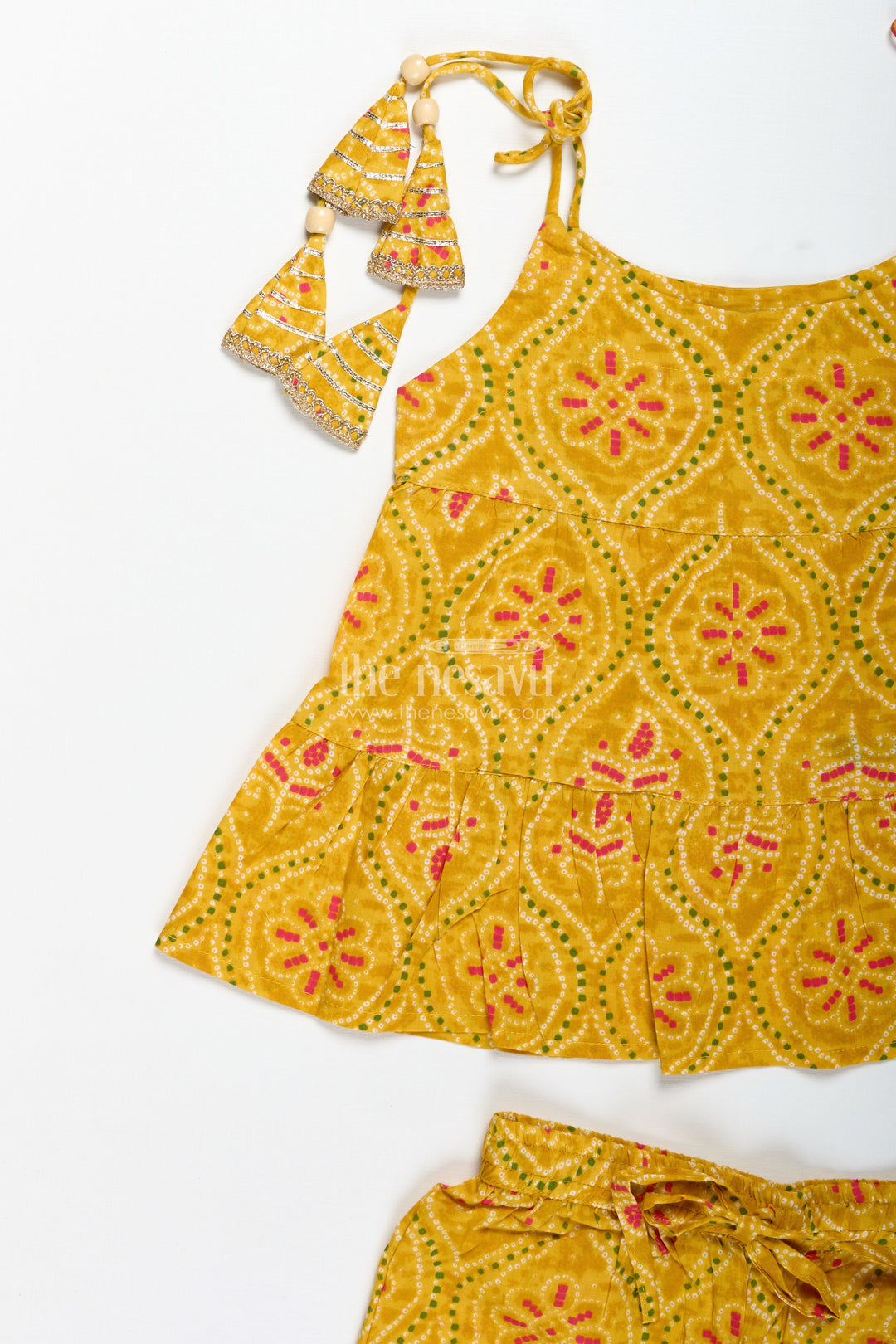 The Nesavu Girls Casual Set Girls Ethnic Sharara Set with Yellow Floral Prints for Festivals Nesavu Nesavu Girls Yellow Ethnic Cotton Sharara Set Patik Digital Print Halter Top