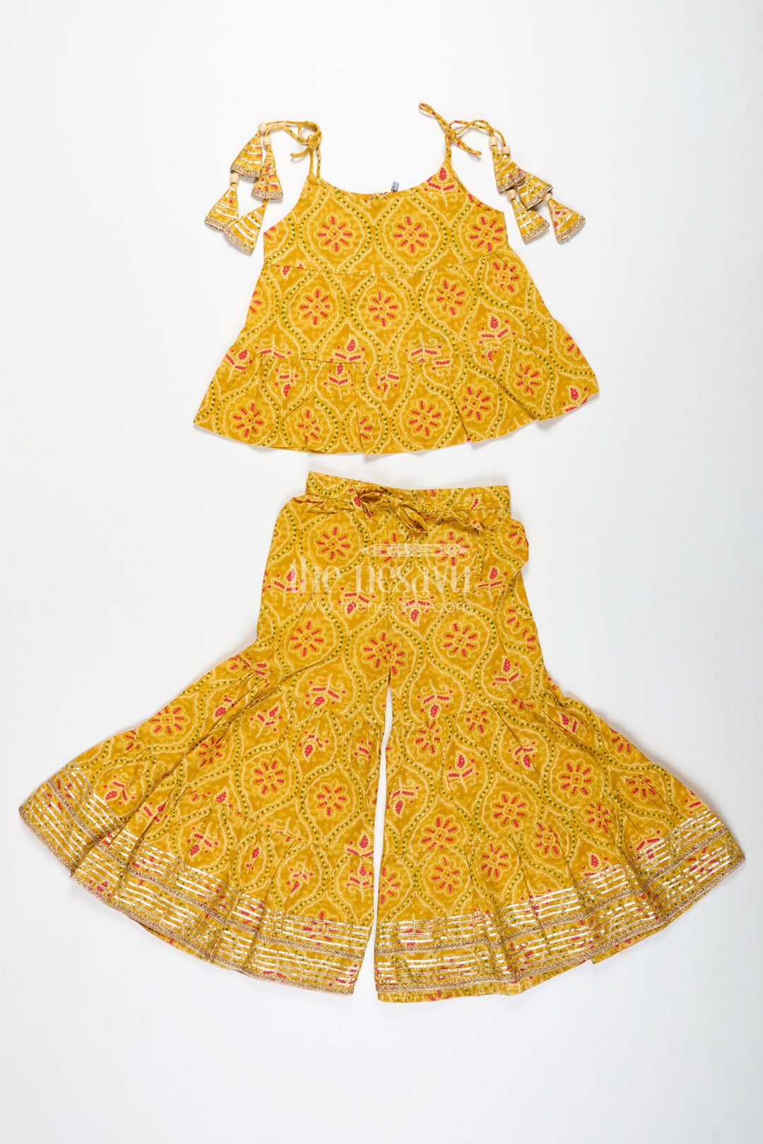 The Nesavu Girls Casual Set Girls Ethnic Sharara Set with Yellow Floral Prints for Festivals Nesavu Nesavu Girls Yellow Ethnic Cotton Sharara Set Patik Digital Print Halter Top