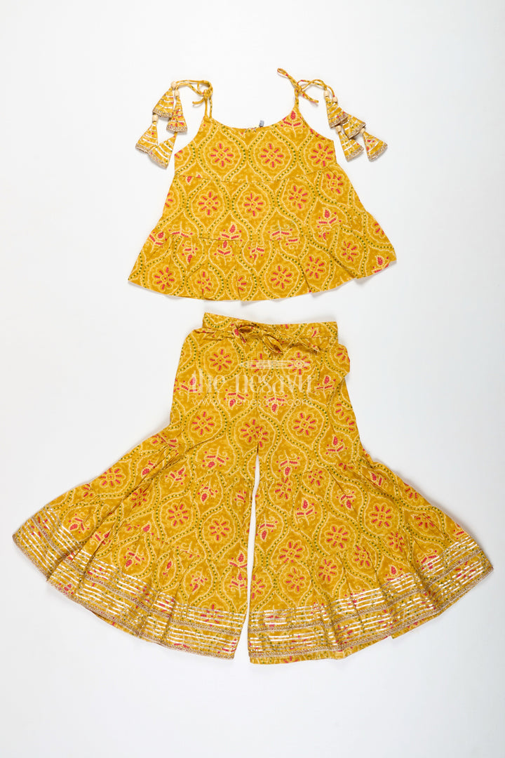 The Nesavu Girls Casual Set Girls Ethnic Sharara Set with Yellow Floral Prints for Festivals Nesavu Nesavu Girls Yellow Ethnic Cotton Sharara Set Patik Digital Print Halter Top