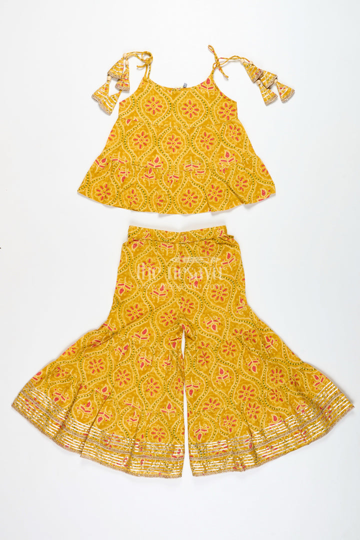 The Nesavu Girls Casual Set Girls Ethnic Sharara Set with Yellow Floral Prints for Festivals Nesavu Nesavu Girls Yellow Ethnic Cotton Sharara Set Patik Digital Print Halter Top