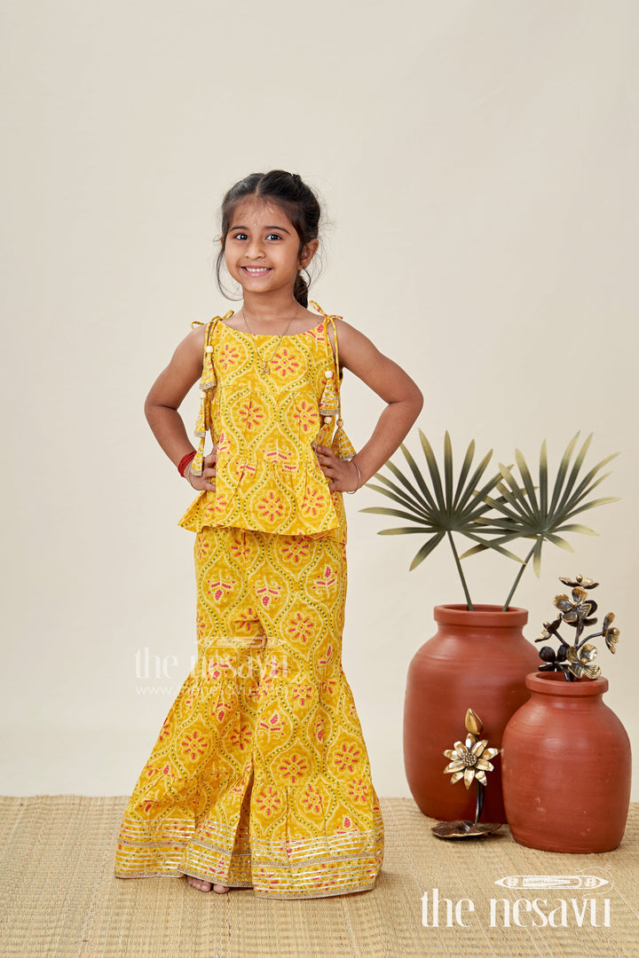The Nesavu Girls Casual Set Girls Ethnic Sharara Set with Yellow Floral Prints for Festivals Nesavu Nesavu Girls Yellow Ethnic Cotton Sharara Set Patik Digital Print Halter Top