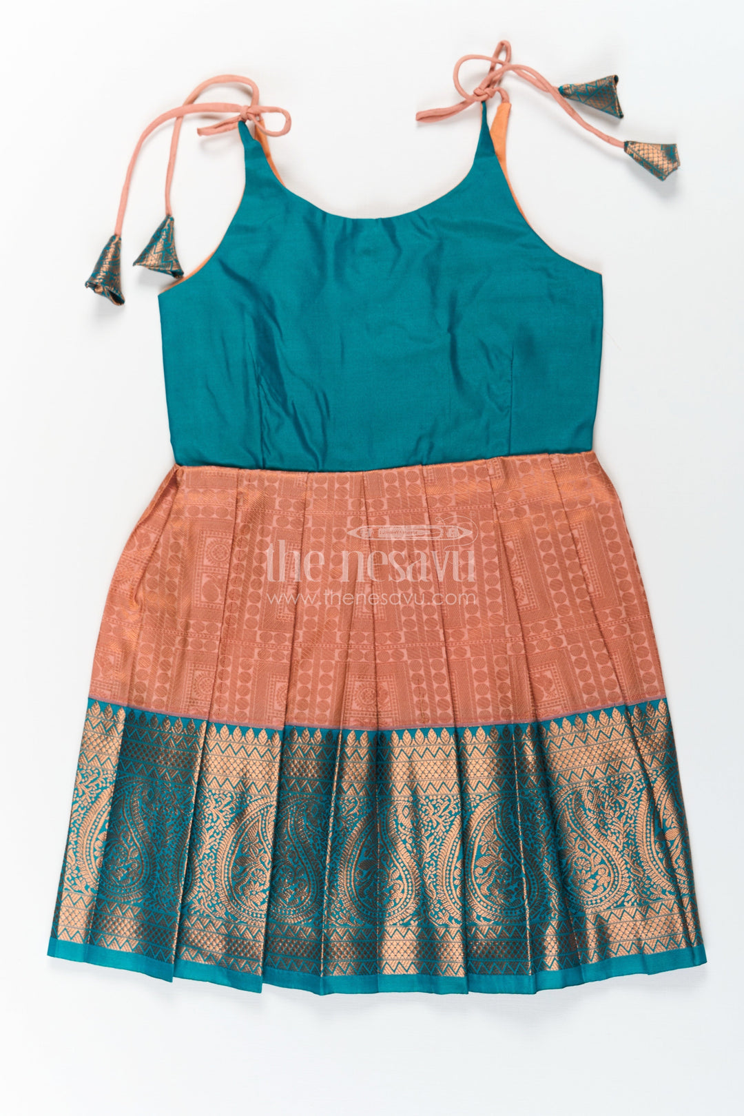 The Nesavu Tie-up Frock Girls Ethnic Silk Dresses in Semi Kanchivaram with Tie Up Sleeves and Zari Woven Orange Green Pleated Skirt Nesavu 16 (1Y) / Green / Style 2 SF832BB-16 Ethnic Silk Dresses for Girls in Semi Kanchivaram with Orange Green Zari Pleated Tie Up Frock | The Nesavu