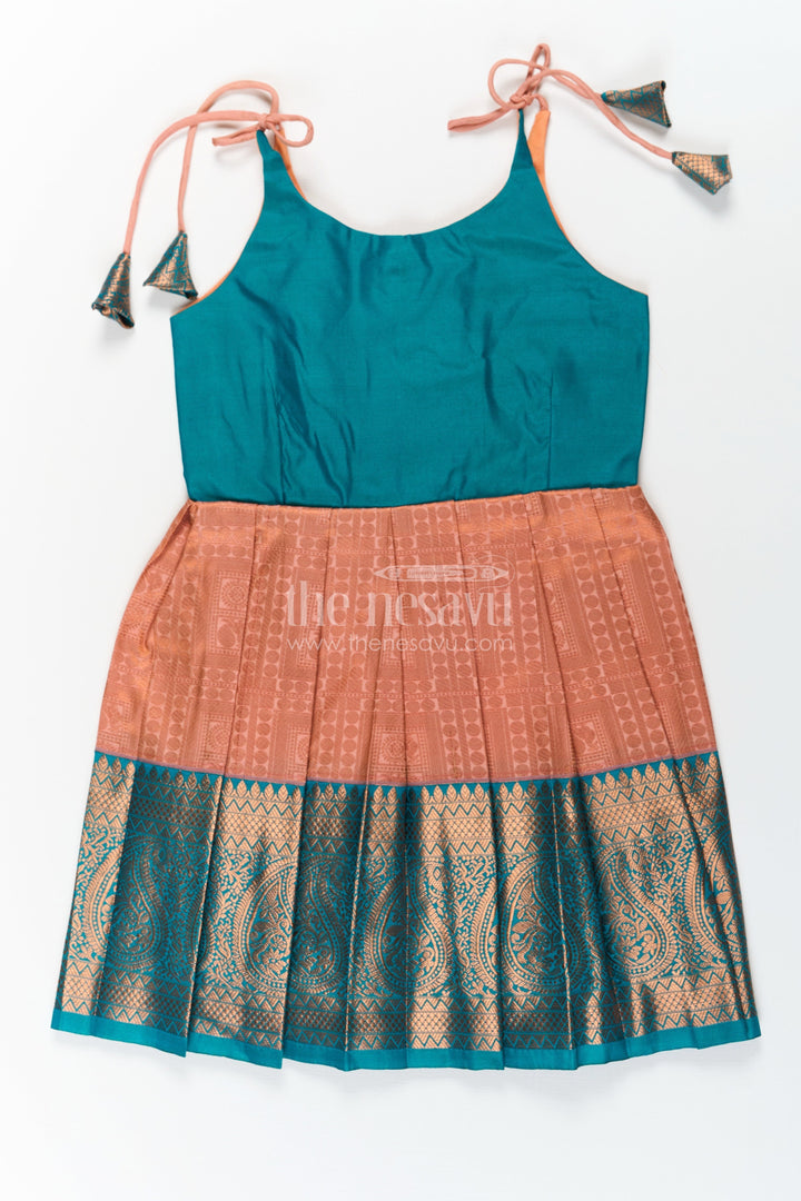 The Nesavu Tie-up Frock Girls Ethnic Silk Dresses in Semi Kanchivaram with Tie Up Sleeves and Zari Woven Orange Green Pleated Skirt Nesavu 16 (1Y) / Green / Style 2 SF832BB-16 Ethnic Silk Dresses for Girls in Semi Kanchivaram with Orange Green Zari Pleated Tie Up Frock | The Nesavu