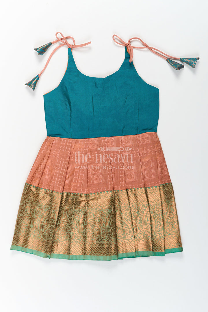 The Nesavu Tie-up Frock Girls Ethnic Silk Dresses in Semi Kanchivaram with Tie Up Sleeves and Zari Woven Orange Green Pleated Skirt Nesavu 16 (1Y) / Green / Style 3 SF832BC-16 Ethnic Silk Dresses for Girls in Semi Kanchivaram with Orange Green Zari Pleated Tie Up Frock | The Nesavu