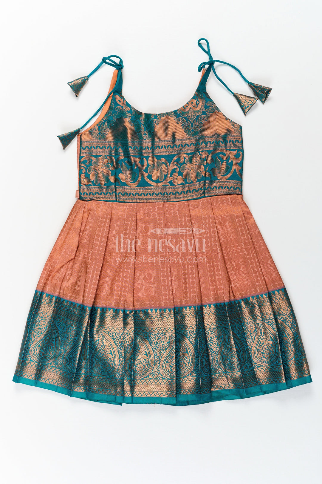 The Nesavu Tie-up Frock Girls Ethnic Silk Dresses in Semi Kanchivaram with Tie Up Sleeves and Zari Woven Orange Green Pleated Skirt Nesavu 20 (3Y) / Green / Style 1 SF832BA-20 Ethnic Silk Dresses for Girls in Semi Kanchivaram with Orange Green Zari Pleated Tie Up Frock | The Nesavu
