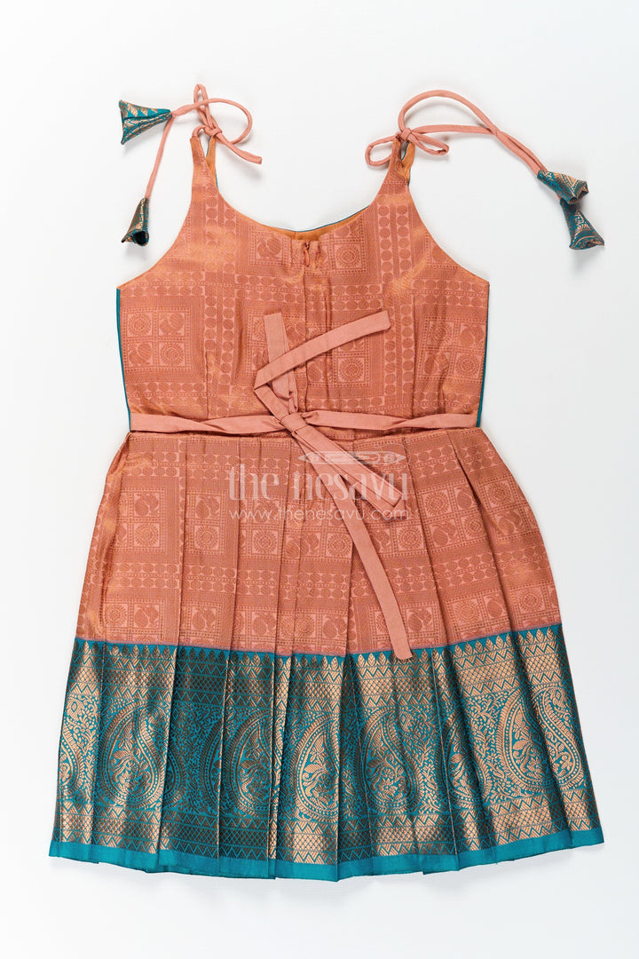 The Nesavu Tie-up Frock Girls Ethnic Silk Dresses in Semi Kanchivaram with Tie Up Sleeves and Zari Woven Orange Green Pleated Skirt Nesavu Ethnic Silk Dresses for Girls in Semi Kanchivaram with Orange Green Zari Pleated Tie Up Frock | The Nesavu