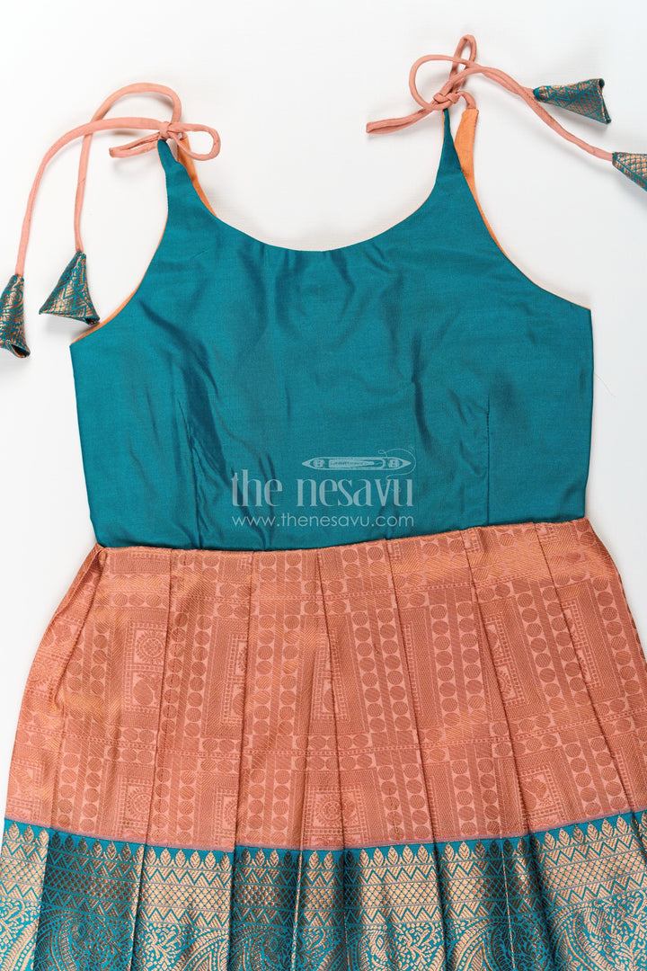 The Nesavu Tie-up Frock Girls Ethnic Silk Dresses in Semi Kanchivaram with Tie Up Sleeves and Zari Woven Orange Green Pleated Skirt Nesavu Ethnic Silk Dresses for Girls in Semi Kanchivaram with Orange Green Zari Pleated Tie Up Frock | The Nesavu