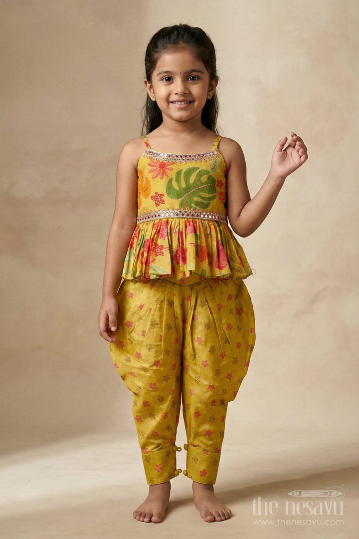 The Nesavu Girls Sharara / Plazo Set Girls Ethnic Suit with Dupatta Festive Kurti Set Nesavu Nesavu Yellow Girls Ethnic Suit Floral Georgette Print Red Dupatta Festive Cultural Events