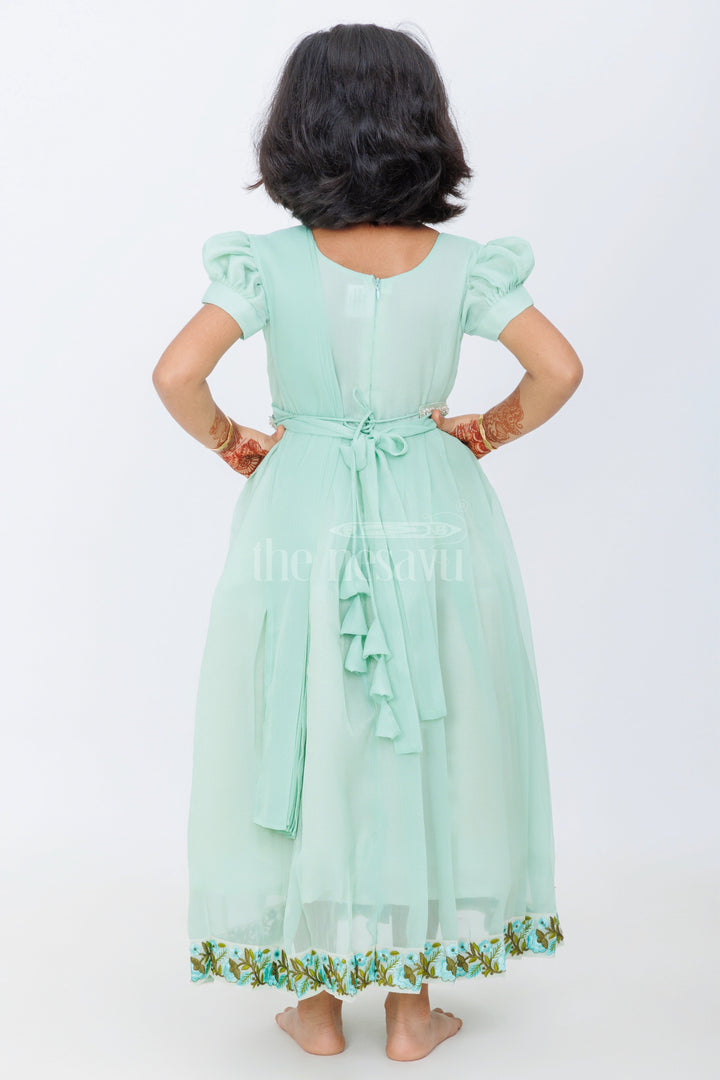 The Nesavu Girls Casual Gown Girls Evening Party Gown in Georgette with Puff Sleeves and Embroidered Border Nesavu Girls Evening Party Gown Georgette Puff Sleeves Embroidered Hem | The Nesavu
