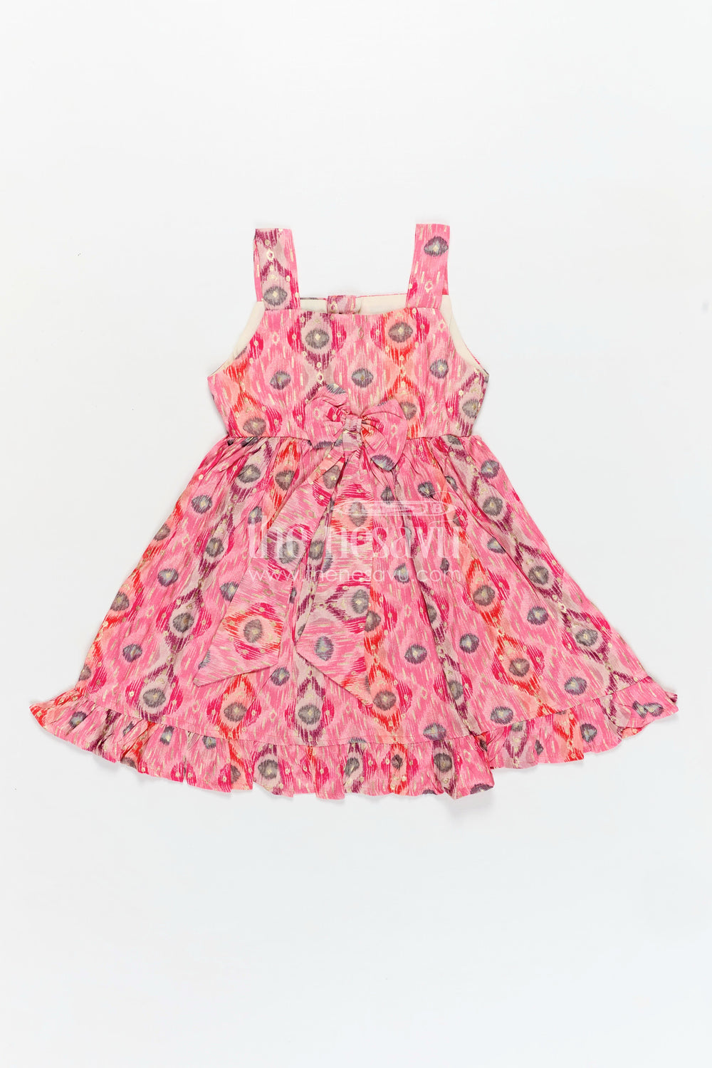 The Nesavu Girls Fancy Frock Girls Everyday Casual Cotton Frock in Pink Modal Silk with Digital Print and Ruffled Hem for Daily Style Nesavu 18 (2Y) / Pink GFC1791A-18 Nesavu Pink Girls Everyday Casual Cotton Frock Modal Silk Digital Print Bow Detail
