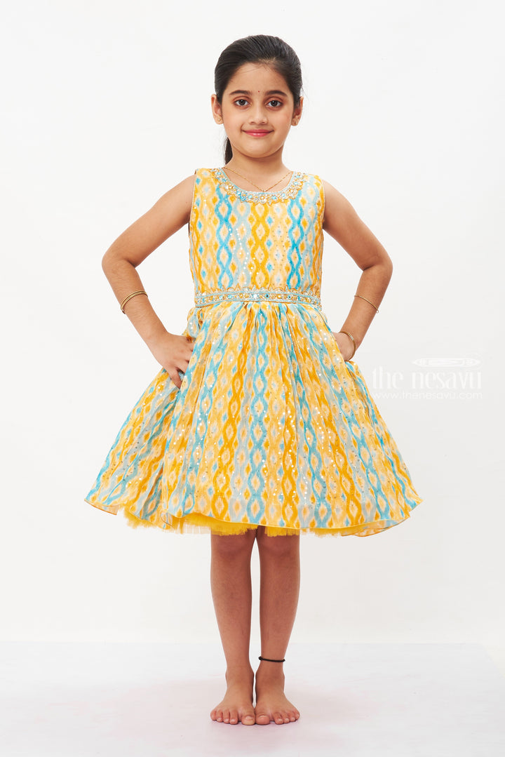 The Nesavu Silk Party Frock Girls Exclusive Handmade Ikat-Inspired Pattu Silk Frock Nesavu 18 (2Y) / Blue / Chinnon SF748B-18 Buy Trendy Handmade Pattu Silk Frocks | Girls Boutique Party Wear Online | The Nesavu