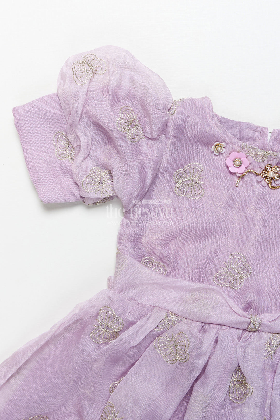 The Nesavu Girls Fancy Frock Girls Fancy Festive Frock with Puff Sleeves and Zari Embroidery Nesavu Nesavu festive frock girls zari embroidery puff sleeves  ideal celebrations
