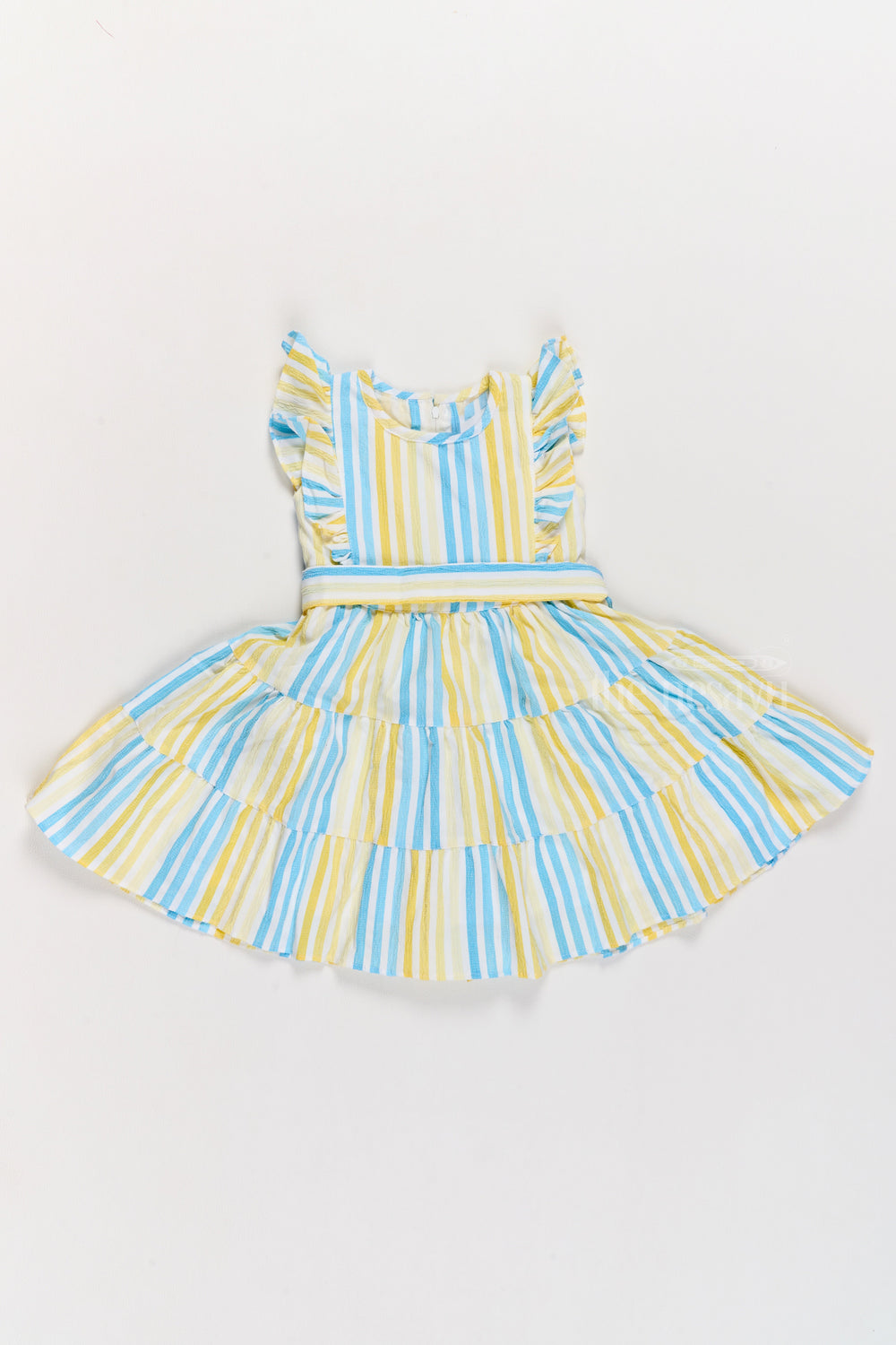 The Nesavu Girls Cotton Frock Girls Fancy Frock Cotton with Yellow and Blue Stripes and Ruffled Sleeves Nesavu 20 (3Y) / Yellow GFC1561B-20 Girls Fancy Frock Cotton Yellow Blue Stripes Ruffled Sleeves | The Nesavu