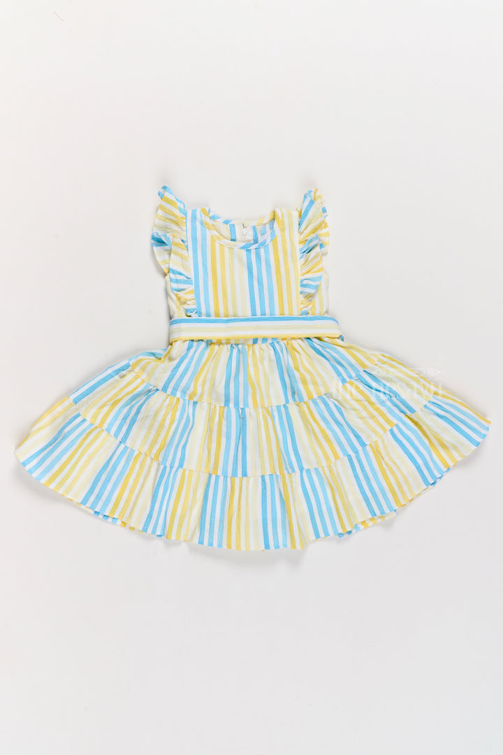 The Nesavu Girls Cotton Frock Girls Fancy Frock Cotton with Yellow and Blue Stripes and Ruffled Sleeves Nesavu 20 (3Y) / Yellow GFC1561B-20 Girls Fancy Frock Cotton Yellow Blue Stripes Ruffled Sleeves | The Nesavu
