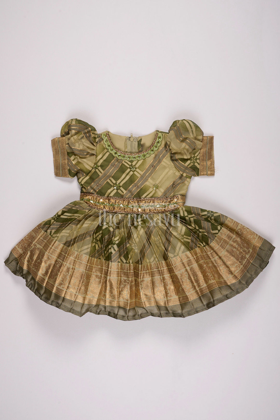 The Nesavu Silk Party Frock Girls Fancy Frock in Green Tissue Silk with Floral Embellishments and Short Pleated Skirt Nesavu 16 (1Y) / Green SF929A-16 Nesavu Girls Fancy Frock Green Tissue Silk Gold Floral Embellishments Pleated Skirt