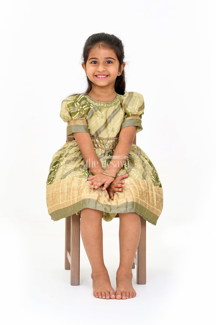 The Nesavu Silk Party Frock Girls Fancy Frock in Green Tissue Silk with Floral Embellishments and Short Pleated Skirt Nesavu 16 (1Y) / Green SF929A-16 Nesavu Girls Fancy Frock Green Tissue Silk Gold Floral Embellishments Pleated Skirt