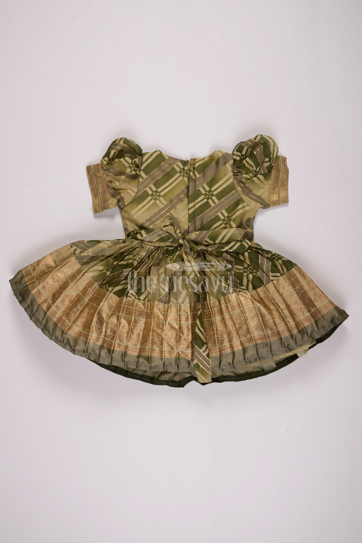 The Nesavu Silk Party Frock Girls Fancy Frock in Green Tissue Silk with Floral Embellishments and Short Pleated Skirt Nesavu Nesavu Girls Fancy Frock Green Tissue Silk Gold Floral Embellishments Pleated Skirt