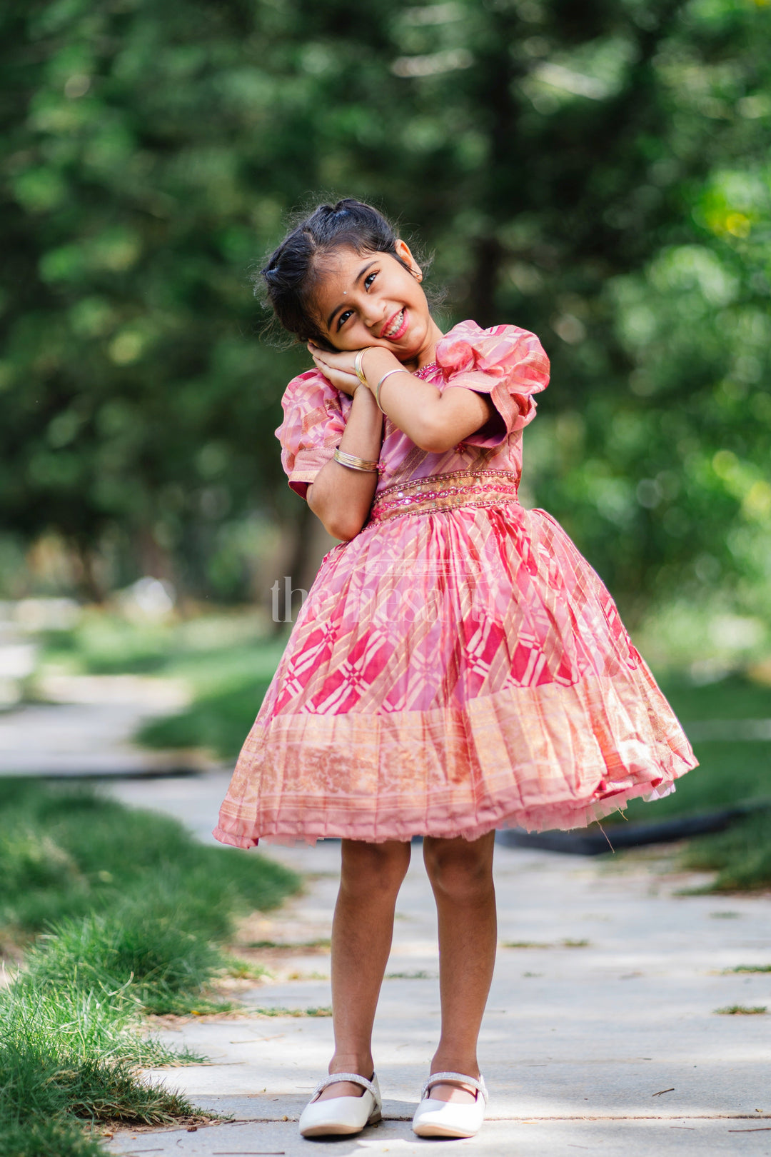 The Nesavu Silk Party Frock Girls Fancy Frock in Red Tissue Silk with Floral Gold Embellishments and Puffed Sleeves Nesavu 16 (1Y) / Red SF929B-16 Nesavu Girls Red Fancy Frock Tissue Silk Gold Embellished Pleated Skirt