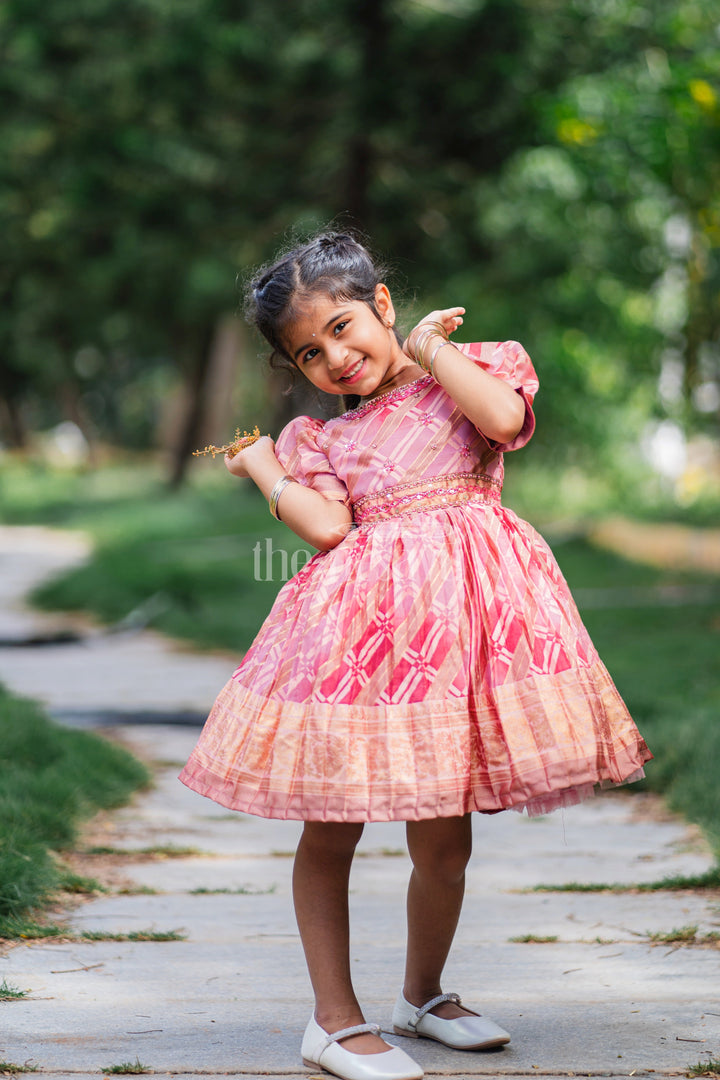 The Nesavu Silk Party Frock Girls Fancy Frock in Red Tissue Silk with Floral Gold Embellishments and Puffed Sleeves Nesavu Nesavu Girls Red Fancy Frock Tissue Silk Gold Embellished Pleated Skirt