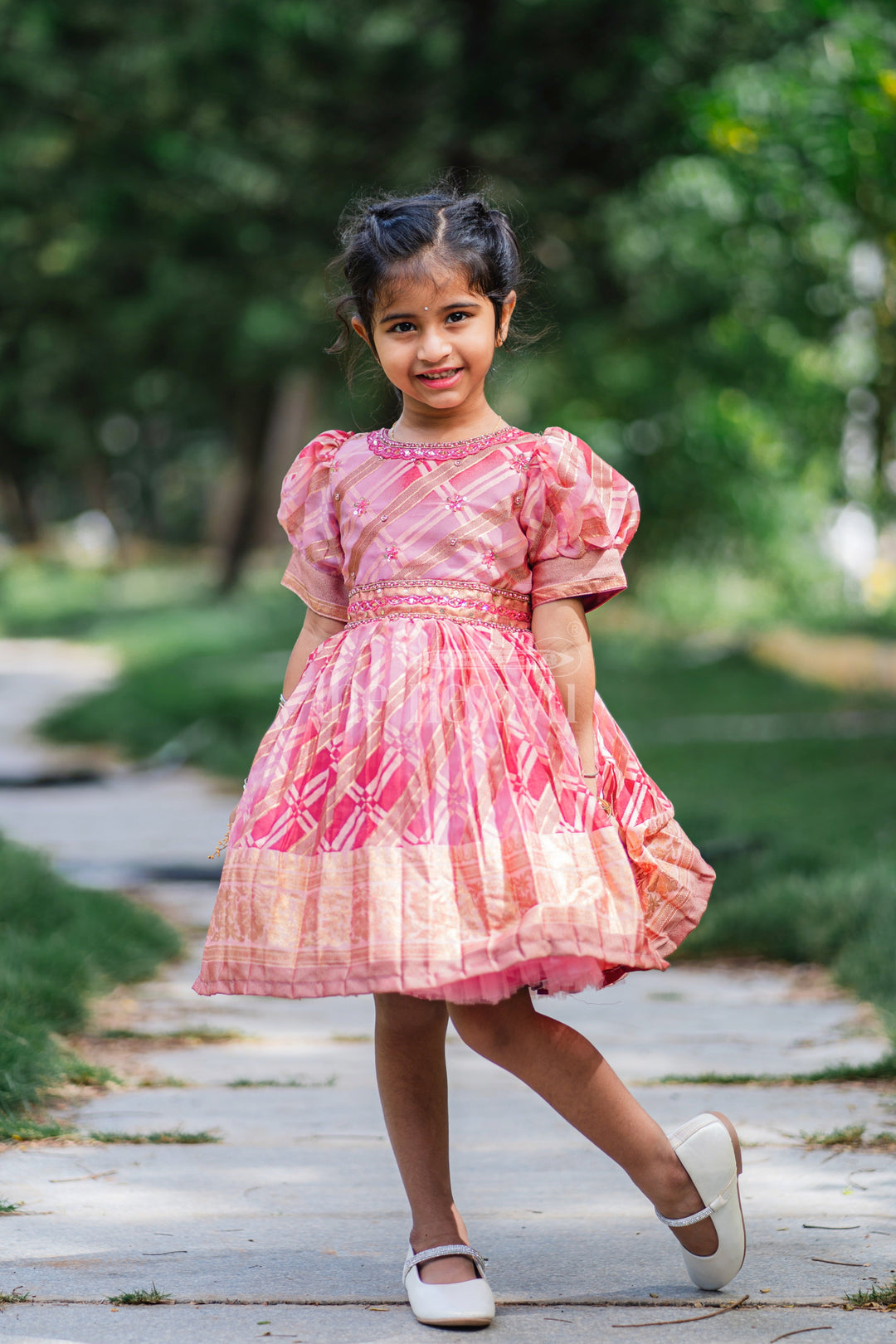 The Nesavu Silk Party Frock Girls Fancy Frock in Red Tissue Silk with Floral Gold Embellishments and Puffed Sleeves Nesavu Nesavu Girls Red Fancy Frock Tissue Silk Gold Embellished Pleated Skirt