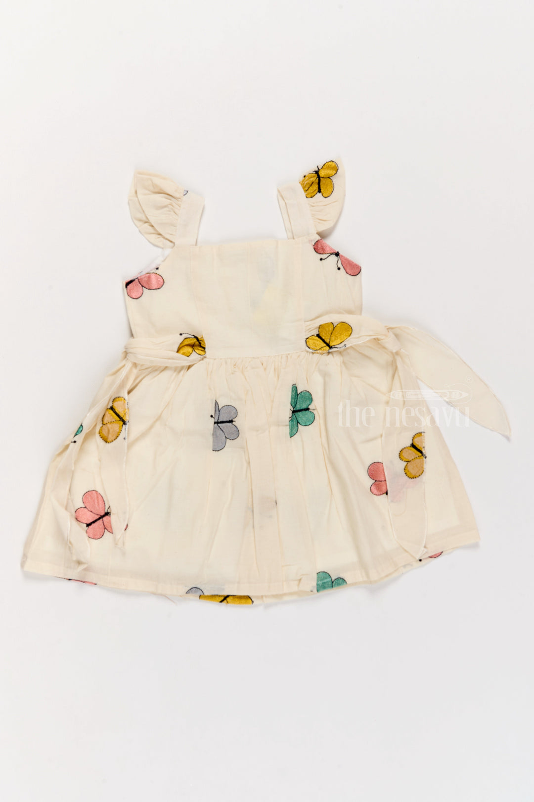 The Nesavu Girls Cotton Frock Girls Fancy Frock with Butterfly Embroidery and Ruffled Sleeves Nesavu 18 (2Y) / Cream GFC1566A-18 Girls Fancy Frock Butterfly Embroidery Ruffled Sleeves Side Bow | The Nesavu