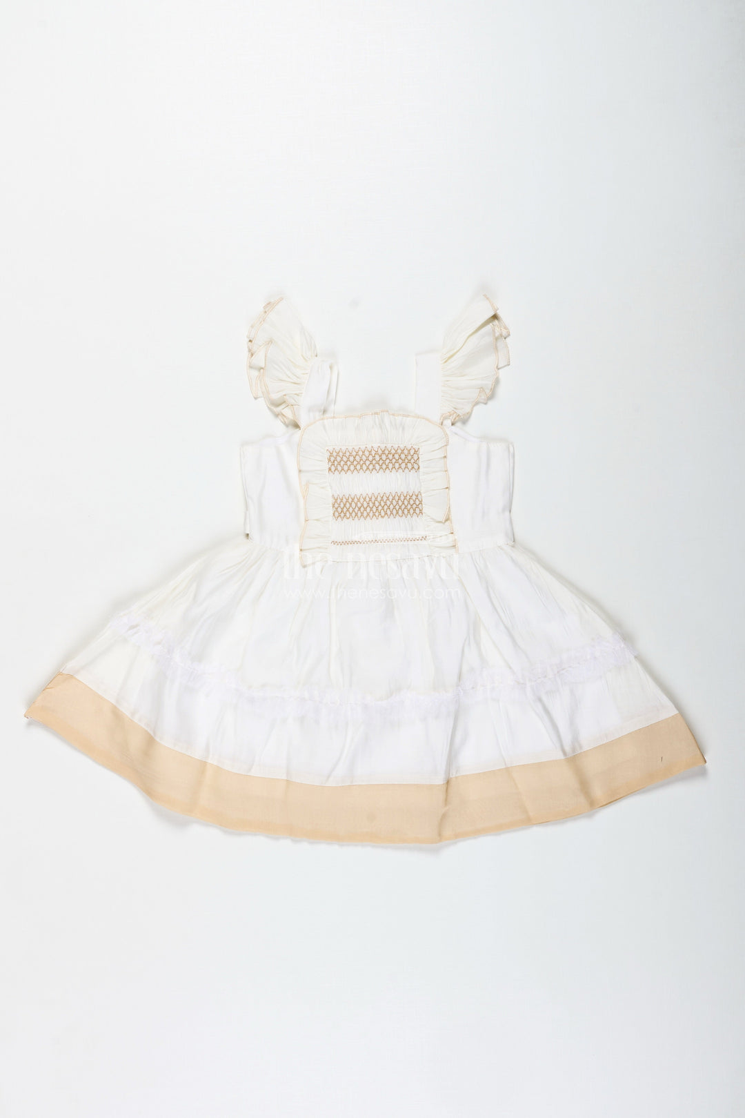 The Nesavu Girls Fancy Frock Girls Fancy Frock with Lace Classic Partywear Dress Nesavu 20 (3Y) / Cream GFC1825B-20 Nesavu Girls Fancy Frock Lace White Cotton Smocked Bodice Ruffle Sleeves