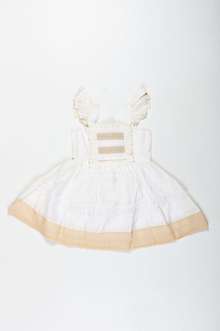 The Nesavu Girls Fancy Frock Girls Fancy Frock with Lace Classic Partywear Dress Nesavu 20 (3Y) / Cream GFC1825B-20 Nesavu Girls Fancy Frock Lace White Cotton Smocked Bodice Ruffle Sleeves