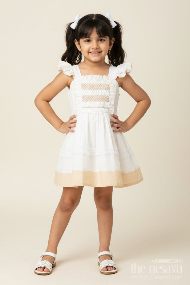 The Nesavu Girls Fancy Frock Girls Fancy Frock with Lace Classic Partywear Dress Nesavu 20 (3Y) / Cream GFC1825B-20 Nesavu Girls Fancy Frock Lace White Cotton Smocked Bodice Ruffle Sleeves