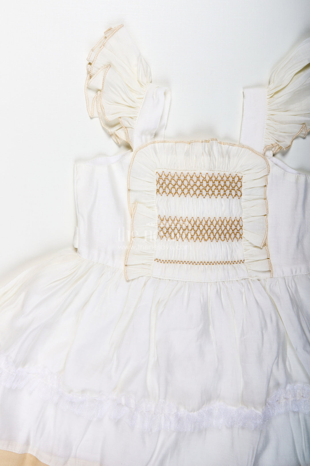 The Nesavu Girls Fancy Frock Girls Fancy Frock with Lace Classic Partywear Dress Nesavu Nesavu Girls Fancy Frock Lace White Cotton Smocked Bodice Ruffle Sleeves