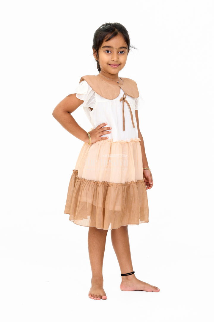 The Nesavu Girls Cotton Frock Girls Fancy Gown Party Wear with Brown Tiered Skirt and Oversized Collar Nesavu Nesavu Girls Fancy Gown Party Wear Brown Tiered Skirt Oversized Collar