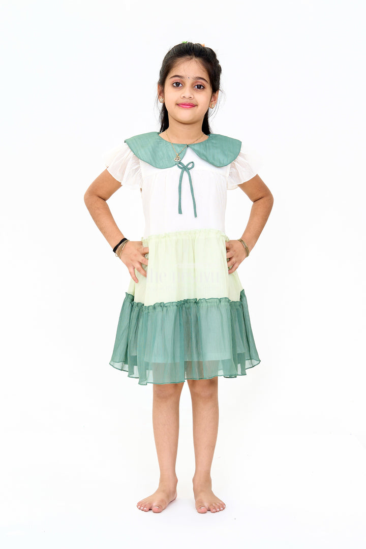 The Nesavu Girls Cotton Frock Girls Fancy Gown with Green Tiered Skirt and Oversized Collar Nesavu 20 (3Y) / Green GFC1565A-20 Nesavu Girls Fancy Gown Green Tiered Skirt Oversized Collar Flutter Sleeves