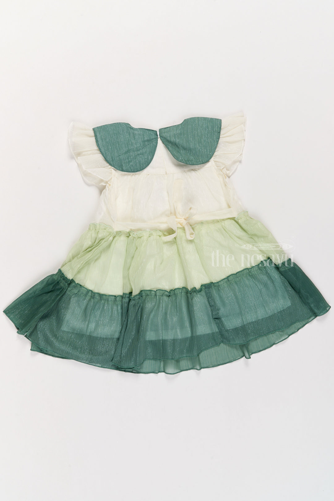 The Nesavu Girls Cotton Frock Girls Fancy Gown with Green Tiered Skirt and Oversized Collar Nesavu Girls Fancy Gown Green Tiered Skirt Oversized Collar Flutter Sleeves | The Nesavu