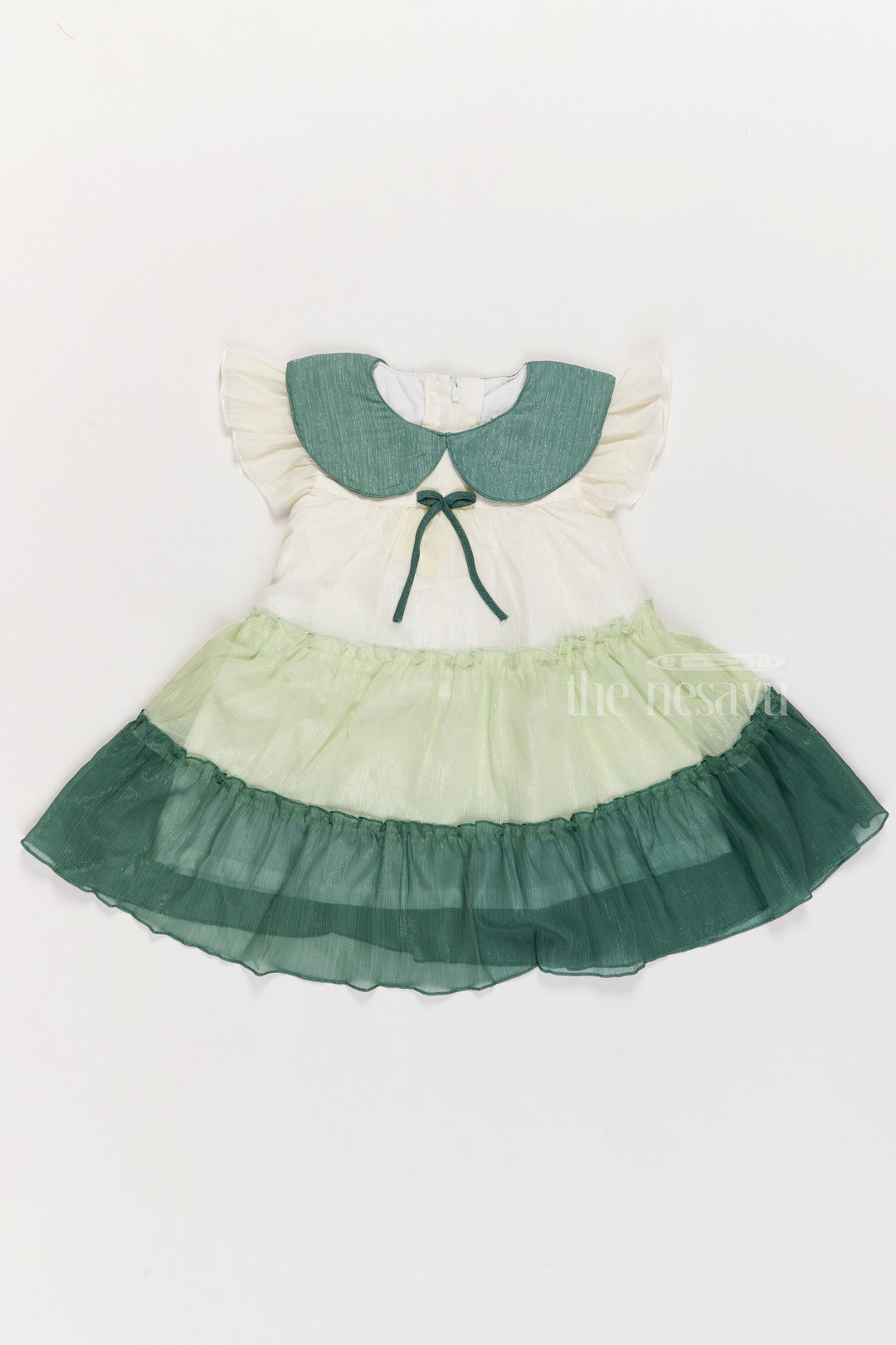 The Nesavu Girls Cotton Frock Girls Fancy Gown with Green Tiered Skirt and Oversized Collar Nesavu Girls Fancy Gown Green Tiered Skirt Oversized Collar Flutter Sleeves | The Nesavu
