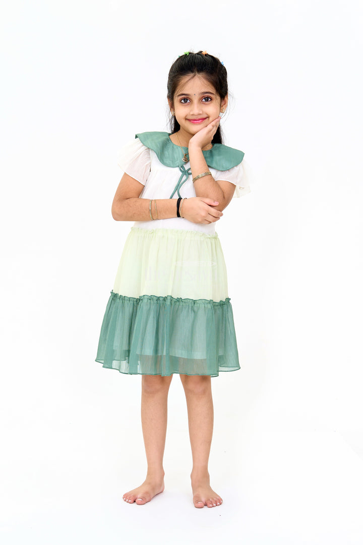 The Nesavu Girls Cotton Frock Girls Fancy Gown with Green Tiered Skirt and Oversized Collar Nesavu Girls Fancy Gown Green Tiered Skirt Oversized Collar Flutter Sleeves | The Nesavu
