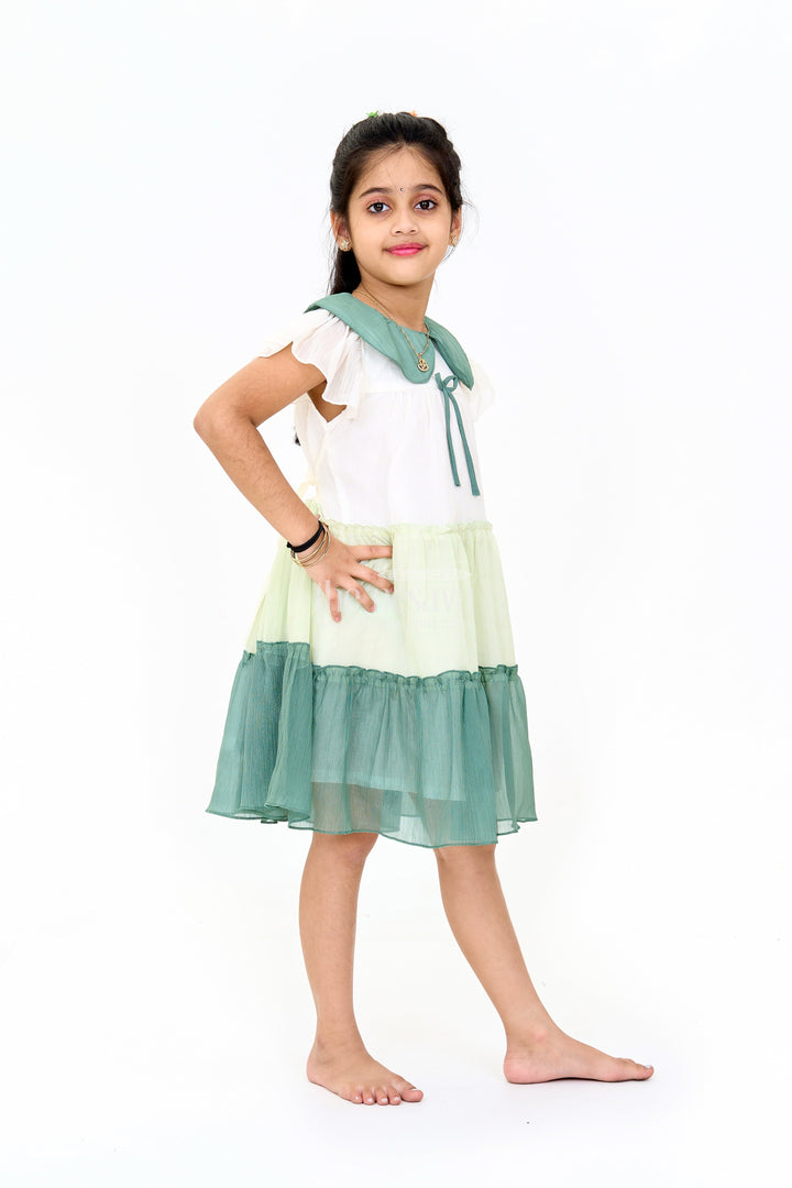 The Nesavu Girls Cotton Frock Girls Fancy Gown with Green Tiered Skirt and Oversized Collar Nesavu Nesavu Girls Fancy Gown Green Tiered Skirt Oversized Collar Flutter Sleeves