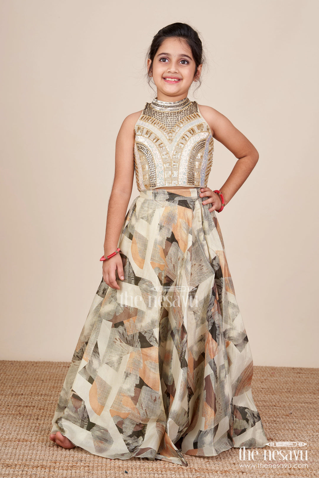 The Nesavu Girls Fancy Lehenga Girls Fancy Lehenga Set for Festive Occasions and Weddings Nesavu 18 (2Y) / Gray GL722A-18 Nesavu girls fancy lehenga set printed skirt embroidered yoke weddings festive wear