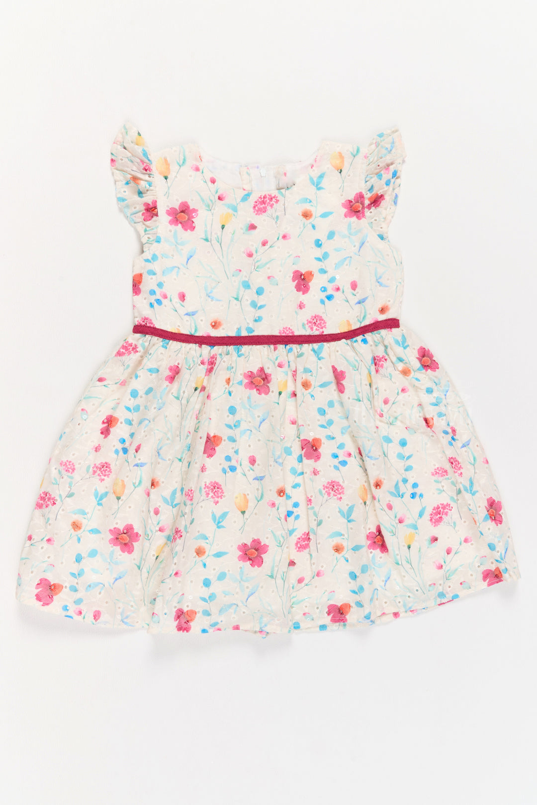 The Nesavu Girls Cotton Frock Girls Fancy Mini Dress with Floral Embroidery, Ruffled Sleeves, and Red Waistband Nesavu Girls Fancy Mini Dress Floral Embroidery Ruffled Sleeves Red Waistband | The Nesavu