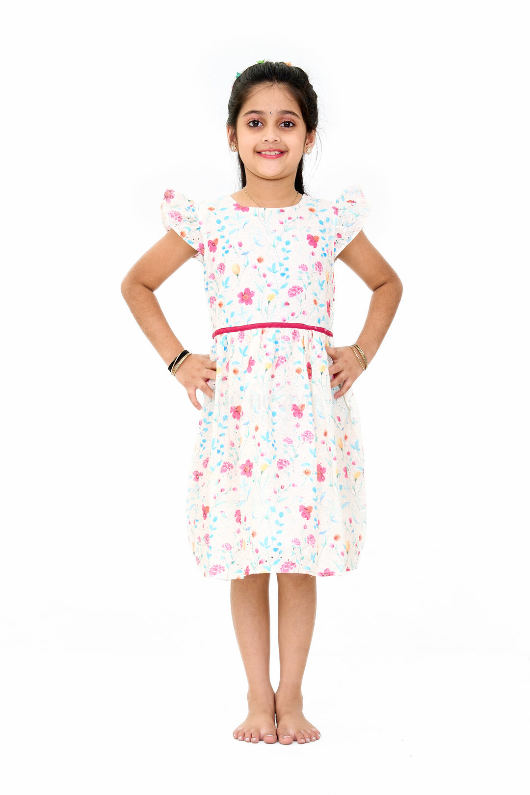 The Nesavu Girls Cotton Frock Girls Fancy Mini Dress with Floral Embroidery, Ruffled Sleeves, and Red Waistband Nesavu Girls Fancy Mini Dress Floral Embroidery Ruffled Sleeves Red Waistband | The Nesavu