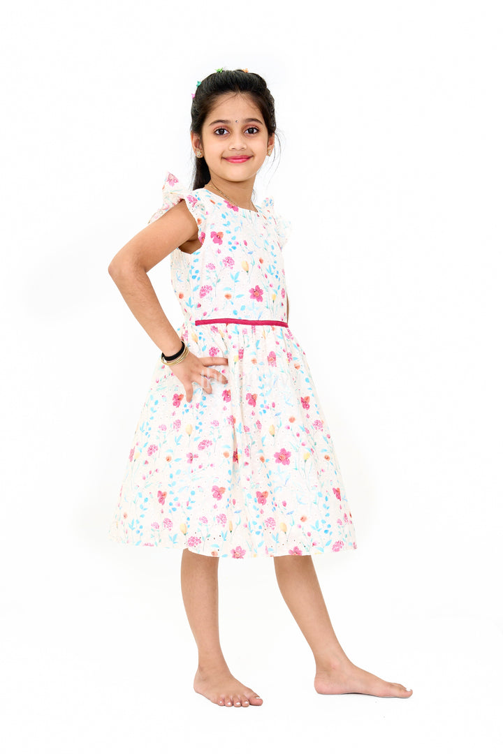 The Nesavu Girls Cotton Frock Girls Fancy Mini Dress with Floral Embroidery, Ruffled Sleeves, and Red Waistband Nesavu Nesavu Girls Fancy Mini Dress Floral Embroidery Ruffled Sleeves Red Waistband
