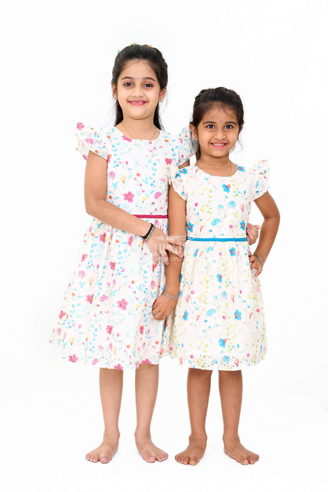 The Nesavu Girls Cotton Frock Girls Fancy Mini Dress with Floral Embroidery, Ruffled Sleeves, and Red Waistband Nesavu Nesavu Girls Fancy Mini Dress Floral Embroidery Ruffled Sleeves Red Waistband