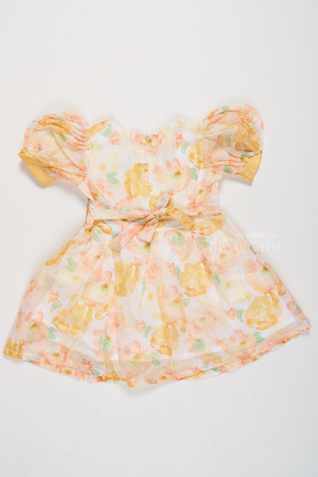 The Nesavu Girls Cotton Frock Girls Fancy Party Dress with Yellow Floral Georgette Design and Puff Sleeves Nesavu Girls Fancy Party Dress Yellow Floral Georgette Design Puff Sleeves Bow | The Nesavu