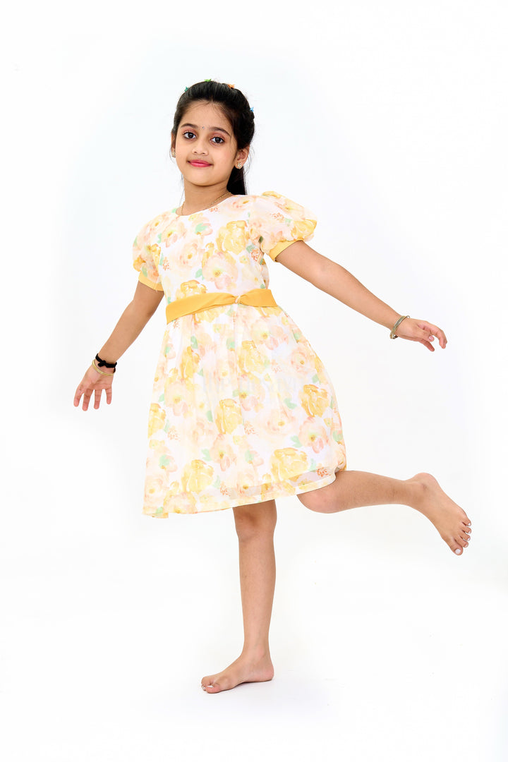 The Nesavu Girls Cotton Frock Girls Fancy Party Dress with Yellow Floral Georgette Design and Puff Sleeves Nesavu Girls Fancy Party Dress Yellow Floral Georgette Design Puff Sleeves Bow | The Nesavu