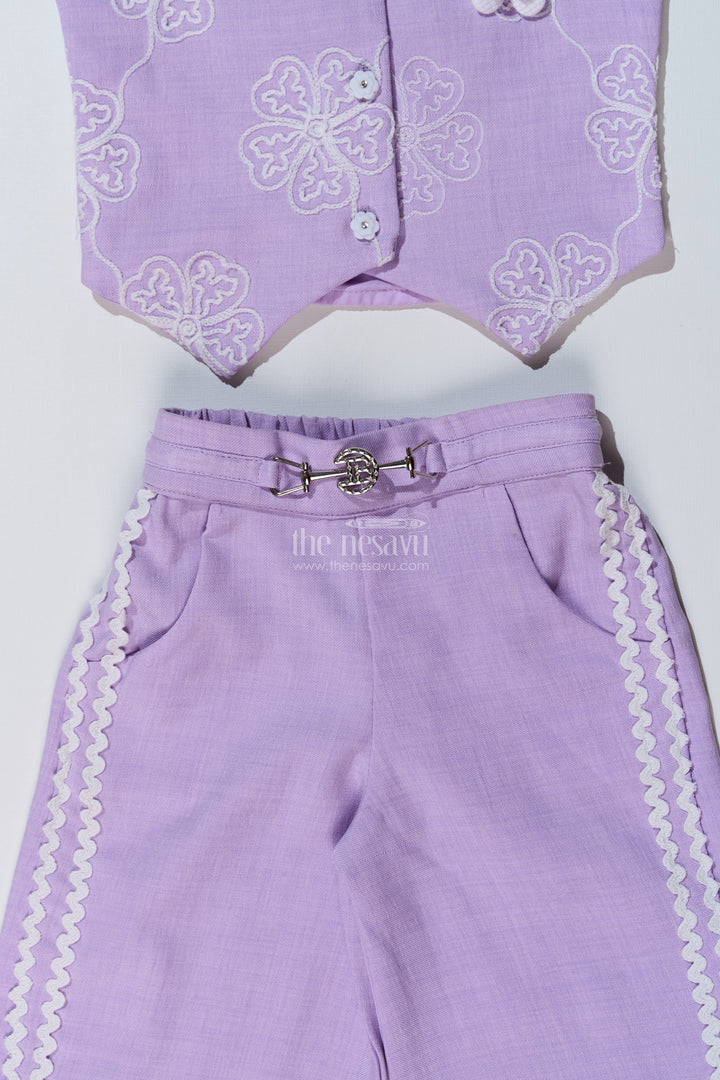 The Nesavu Girls Co-Ord Sets Girls Fancy Sharara Set in Lavender with Embroidered Jacket and Stylish Pants Nesavu Girls Fancy Lavender Sharara Set Embroidered Jacket Flared Pants | The Nesavu